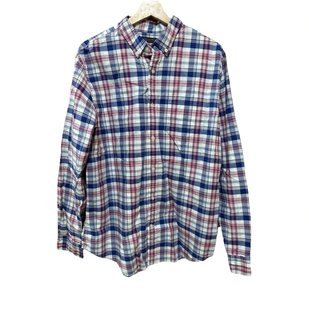 Banana Republic Mens Multi Color Plaid Cotton Stretch Oxford‎ Camden Fit Large